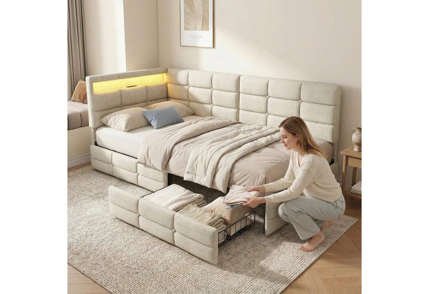 Furnishings Home Polsterbett LED Beige mit Stauraum - Bild 5