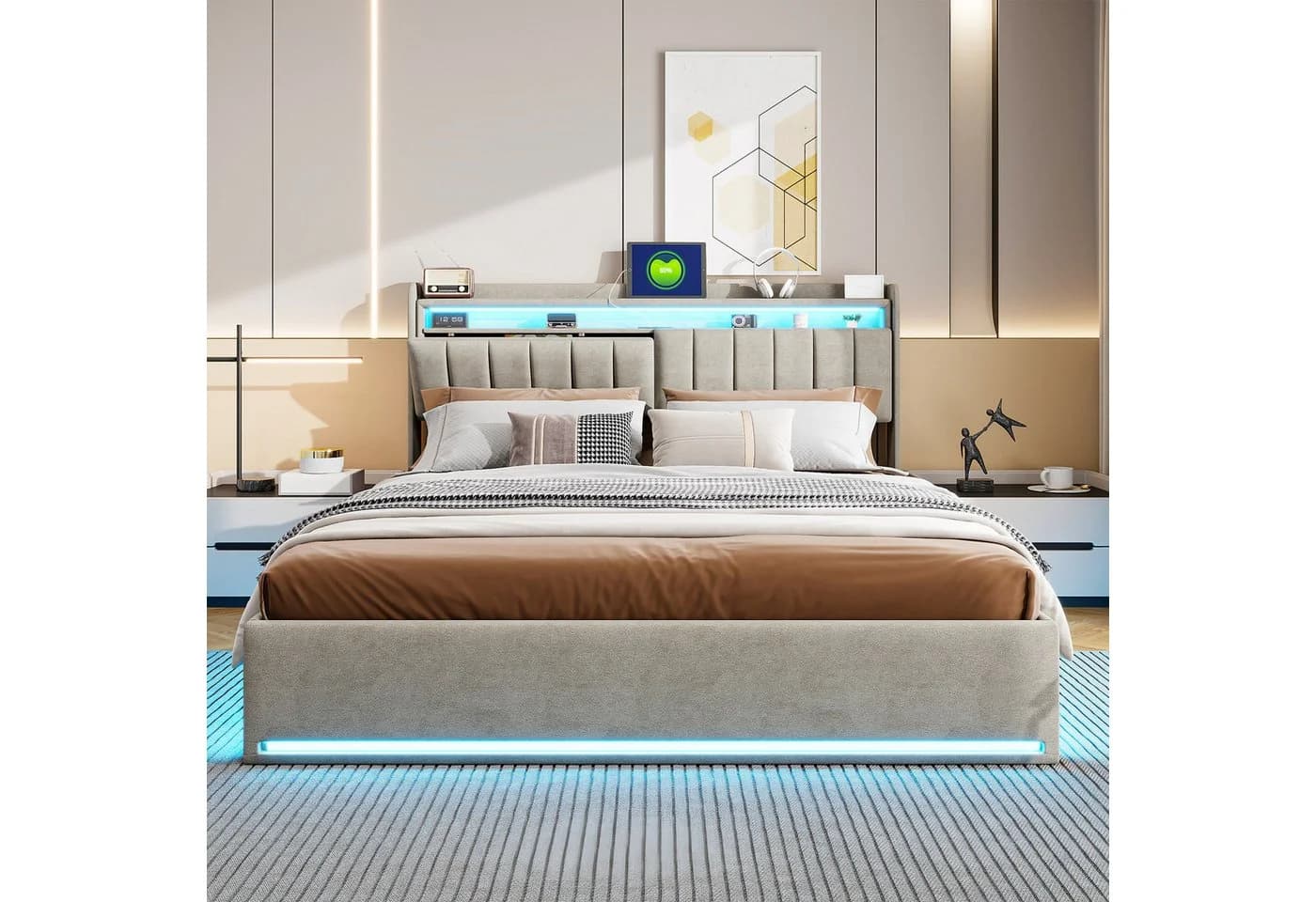 Furnishings Home Polsterbett Beige Samt mit LED und Stauraum - Bild 2