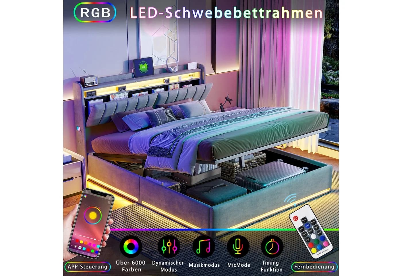 Furnishings Home Polsterbett Beige Samt mit LED und Stauraum - Bild 4