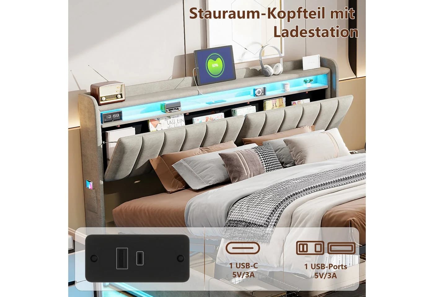 Furnishings Home Polsterbett Beige Samt mit LED-Beleuchtung und Stauraum - Bild 5