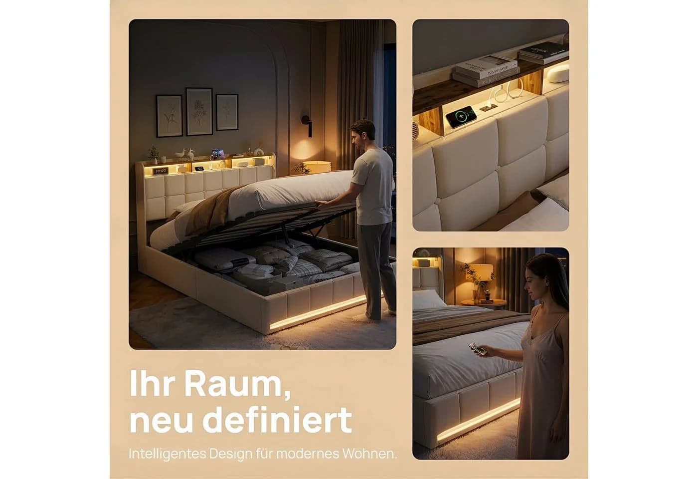 Gdood Polsterbett 160x200 cm mit LED, Stauraum & USB - Bild 3