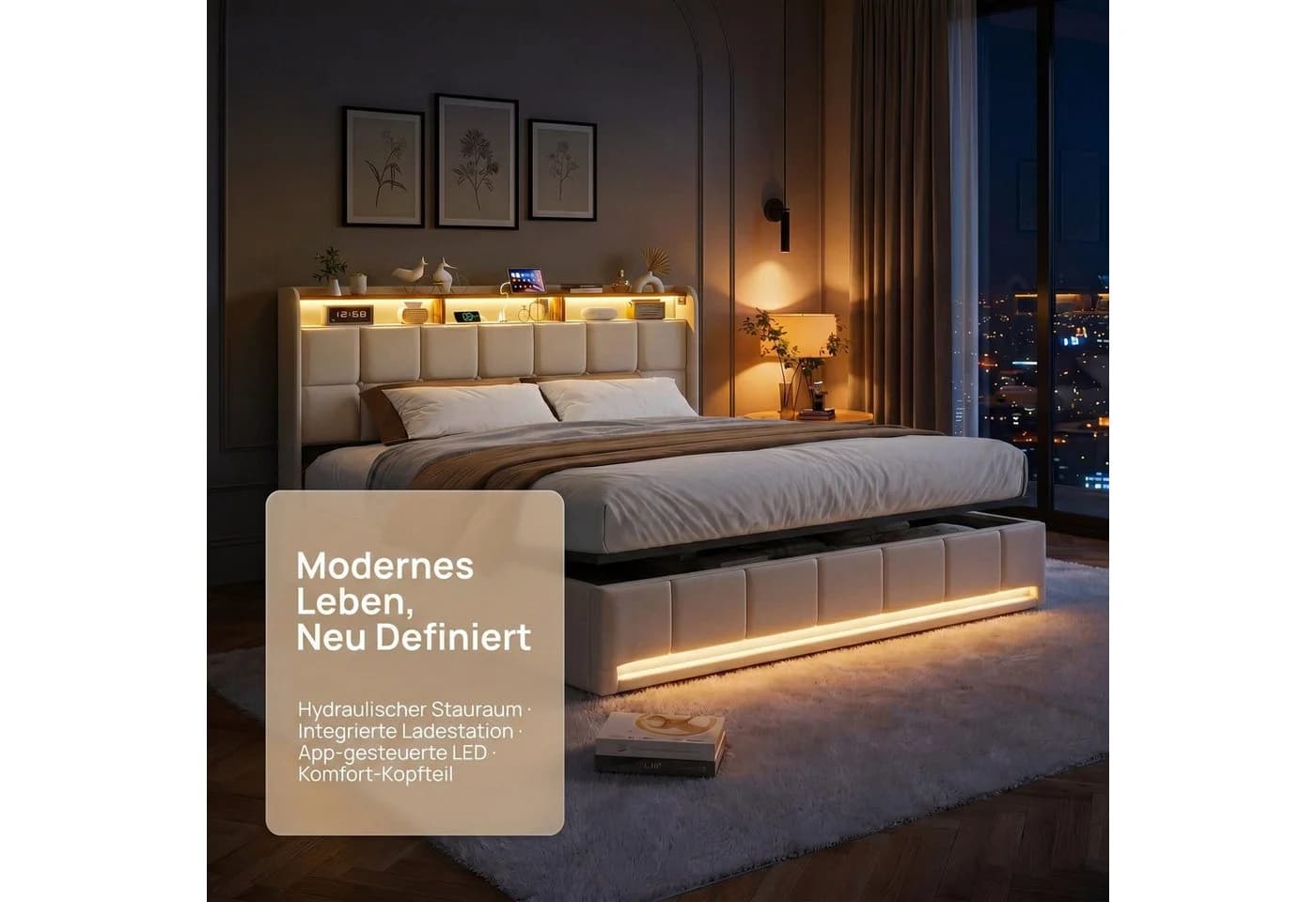 Gdood Polsterbett 160x200 cm mit LED, Stauraum & USB - Bild 4