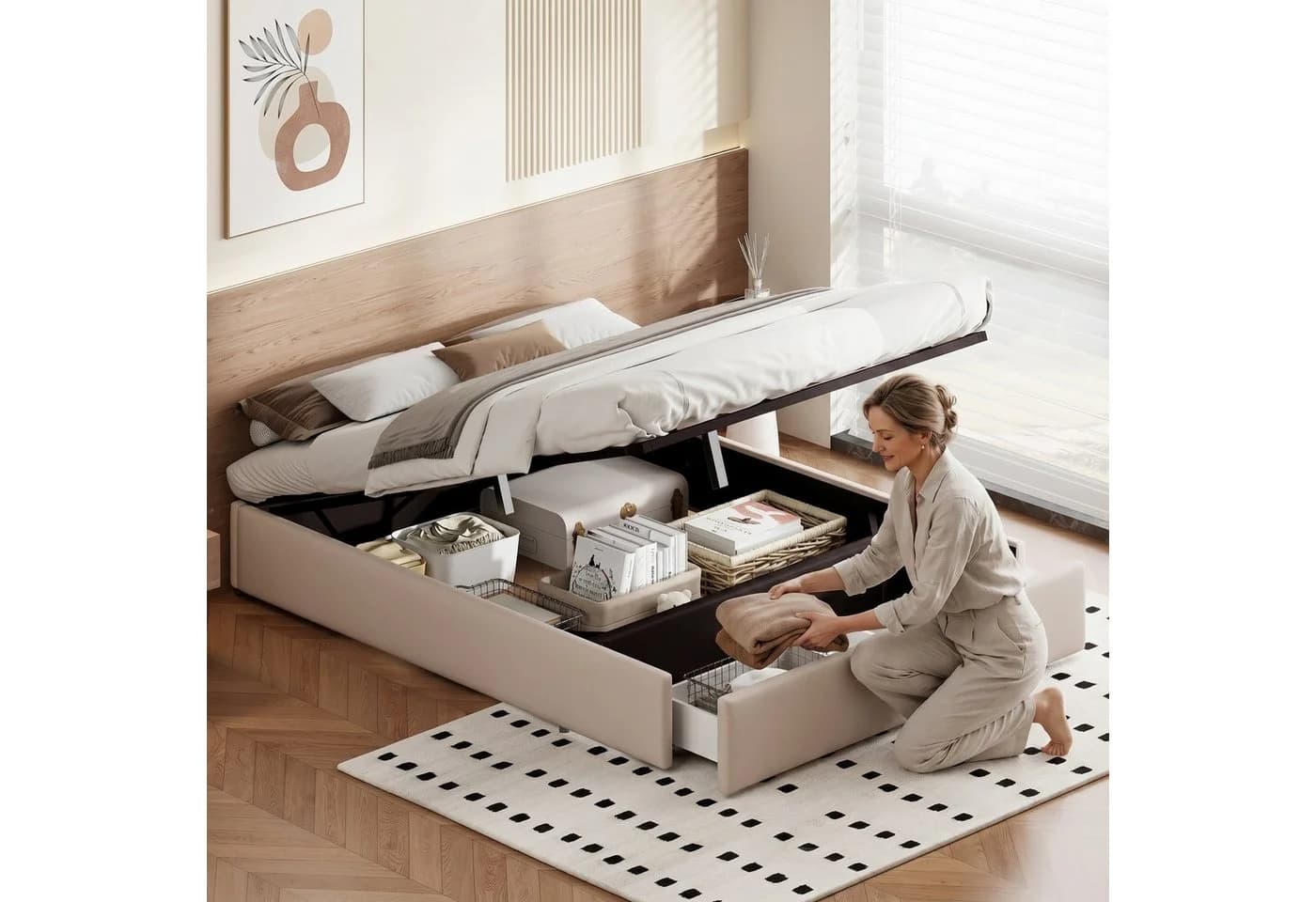 Gdood Polsterbett 160x200 cm Beige Leinen Stauraumbett