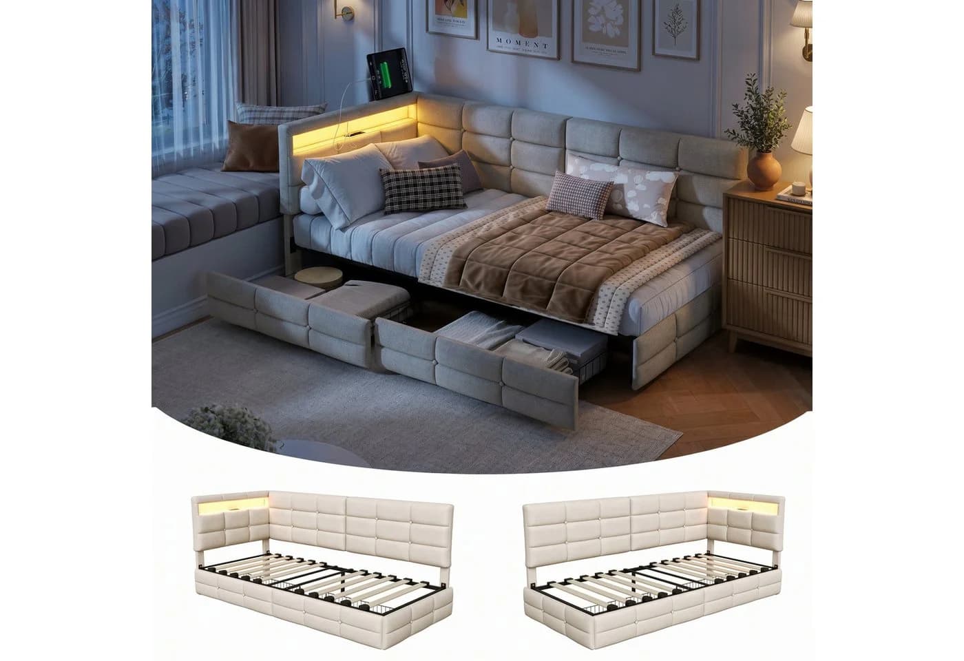 PXloue Polsterbett mit LED und USB-Anschluss Beige - Bild 2