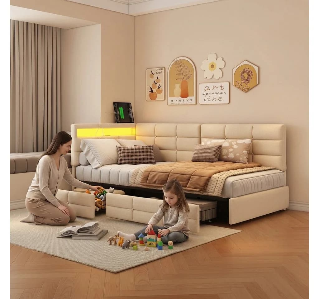 PXloue Polsterbett mit LED und USB-Anschluss Beige - Bild 3