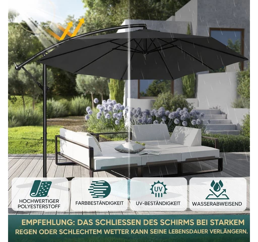 Ferghana Sonnenschirm mit Kurbel, Ampelschirm 360° Drehbar Grau