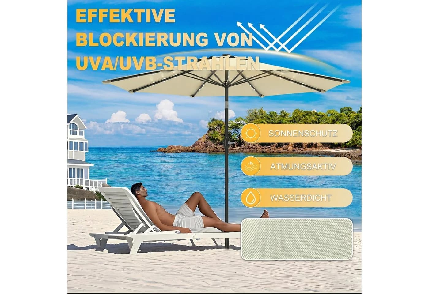 Runder Sonnenschirm mit Kurbel UV-Schutz UPF 50+ Wasserdicht