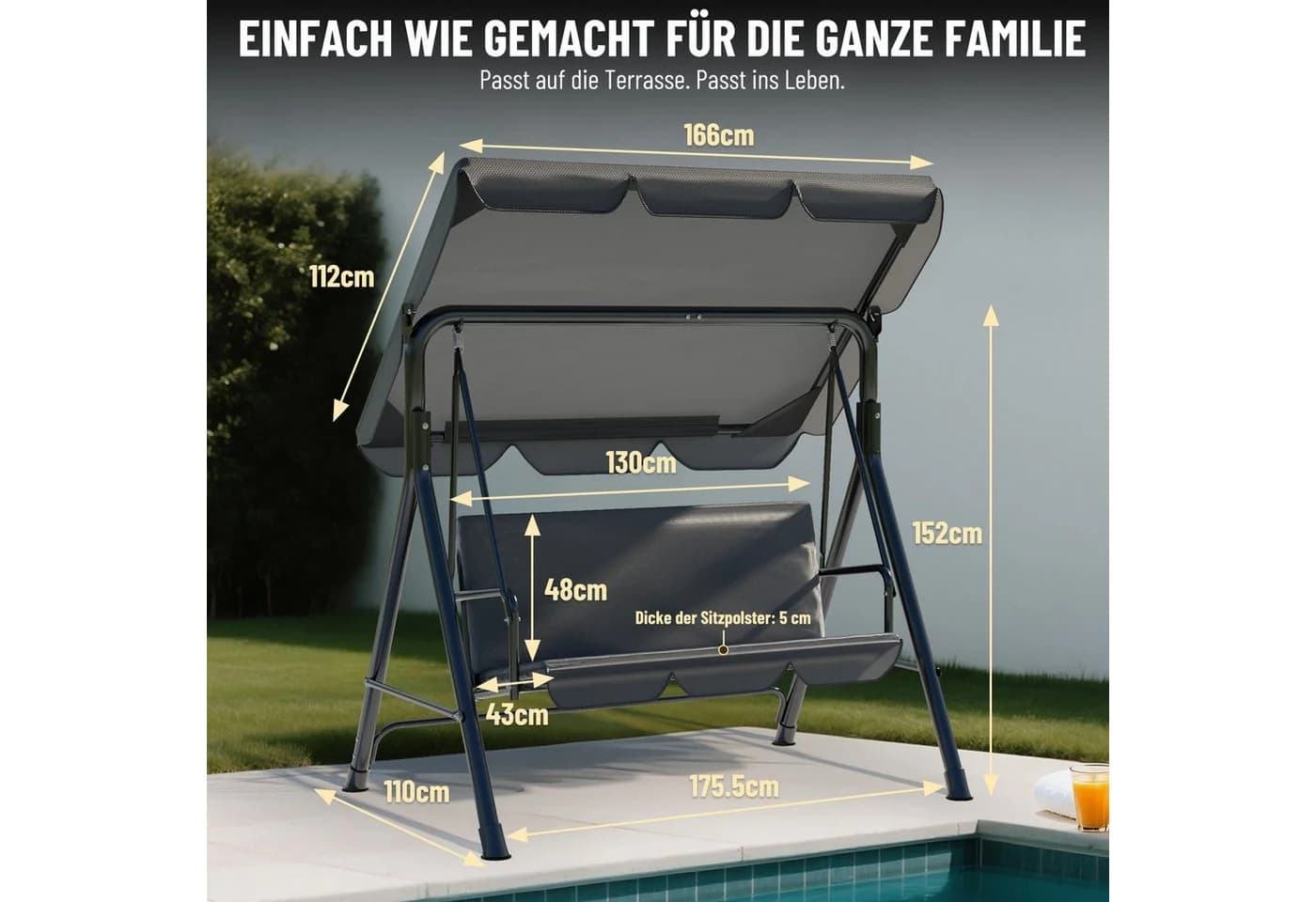 Huracan Hollywoodschaukel 3-Sitzer Anthrazit mit Sonnendach