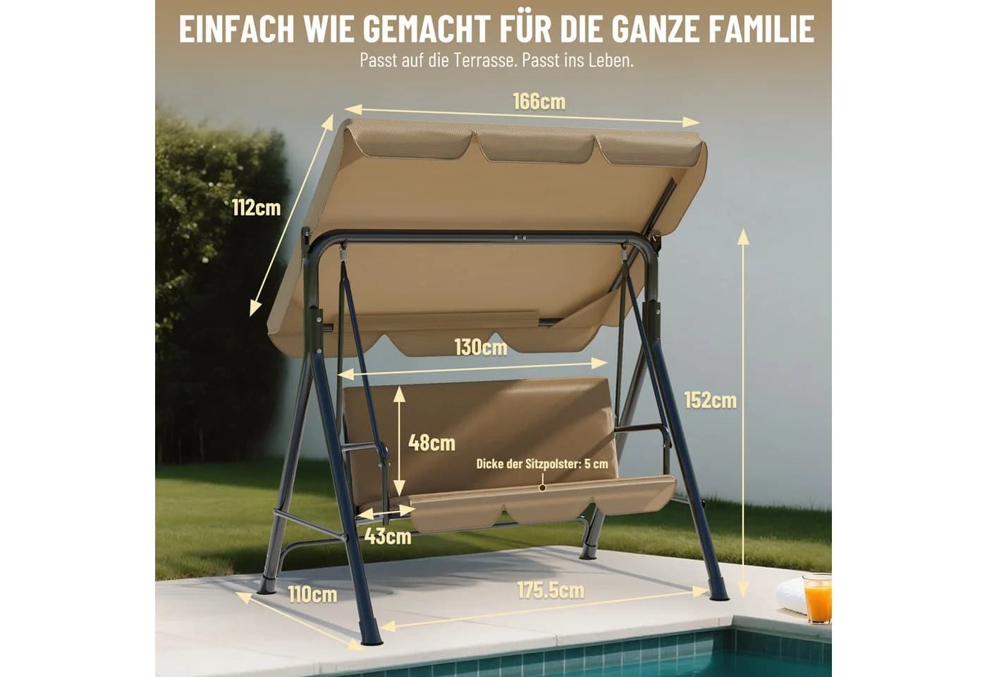 Huracan Hollywoodschaukel 3-Sitzer Braun mit Sonnendach