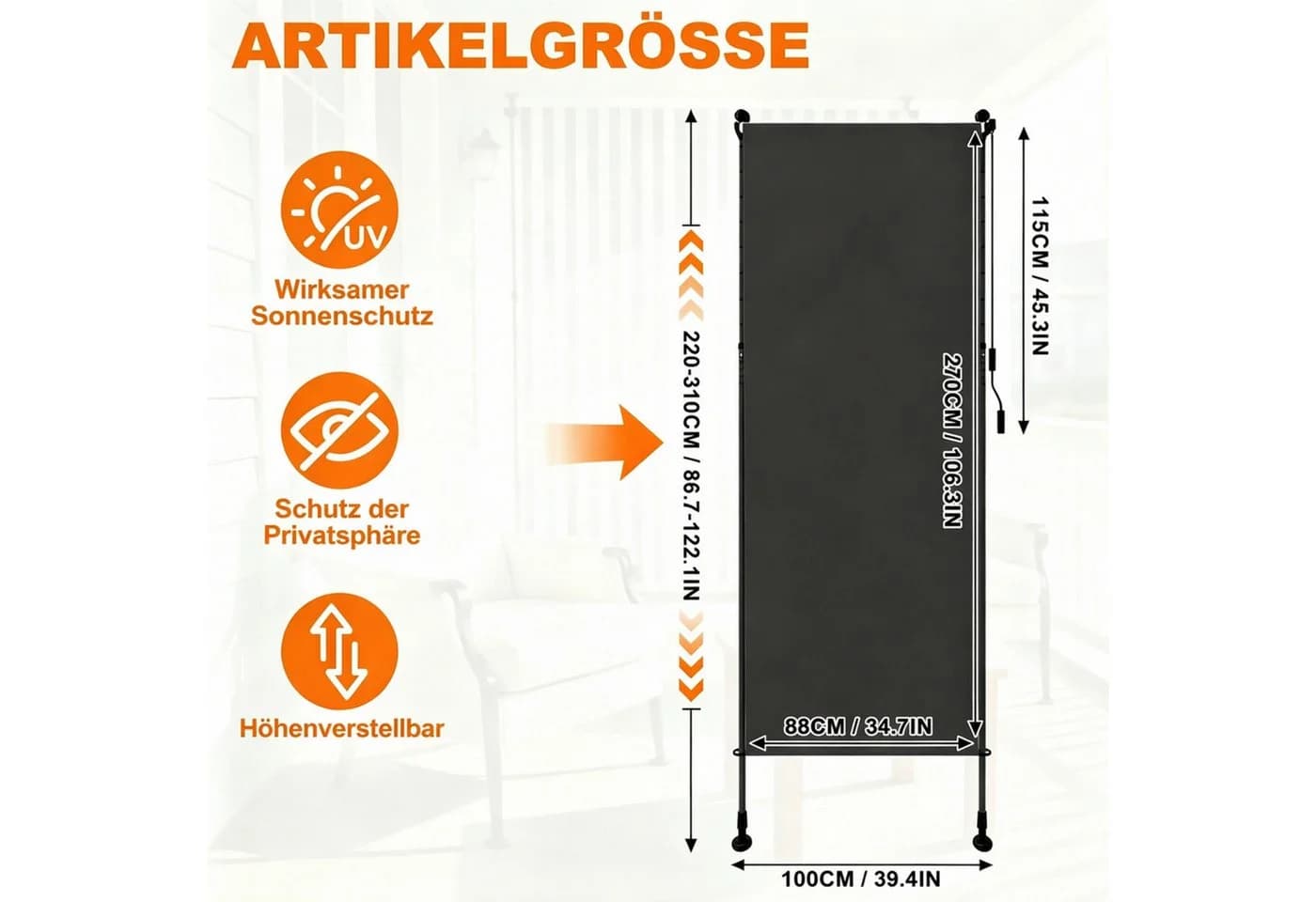 Huracan Senkrechtmarkise Anthrazit Klemmmarkise Ohne Bohren - Bild 3