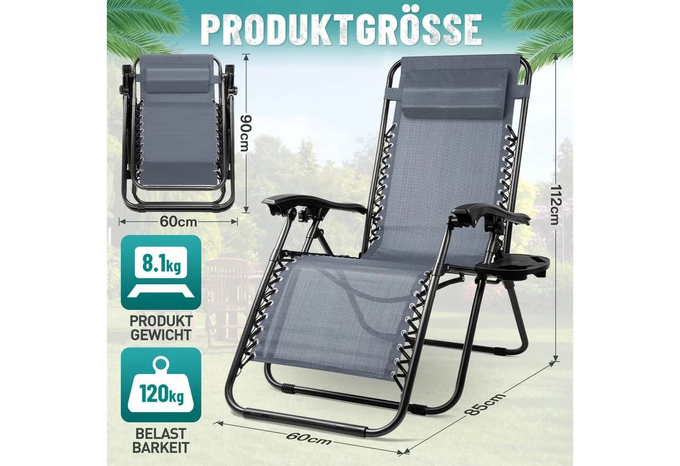 Huracan Gartenliege Klappbar Grau mit Nackenkissen