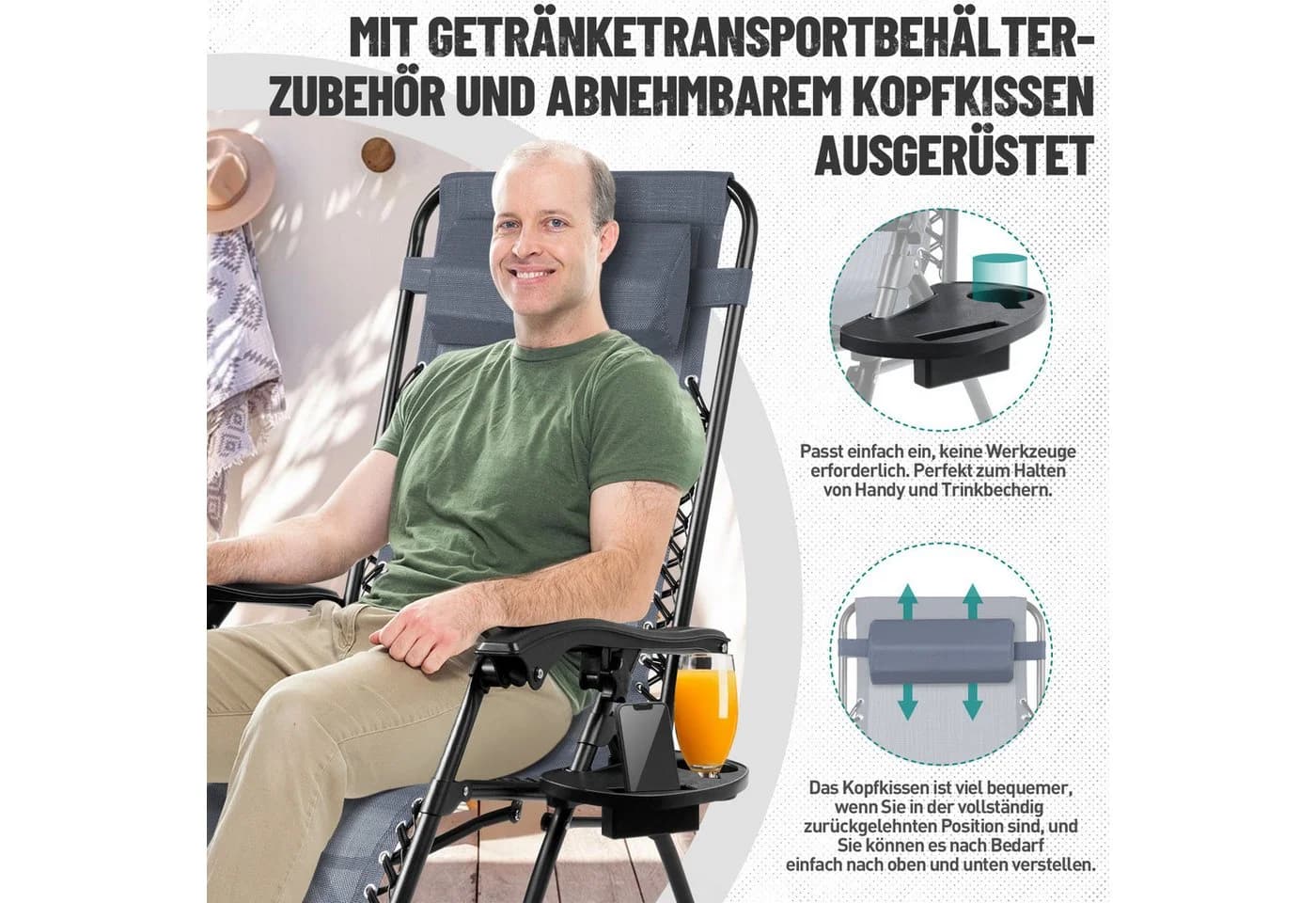 Huracan Gartenliege Klappbar Grau mit Nackenkissen - Bild 5