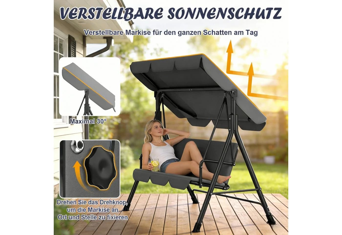 Huracan Hollywoodschaukel 3-Sitzer mit Sonnendach Anthrazit - Bild 4