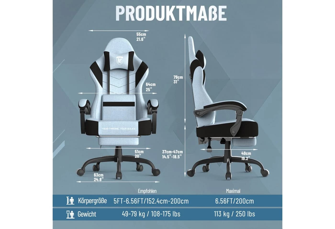 Huracan Gaming-Stuhl Blau Ergonomisch mit Fußstütze & Massage