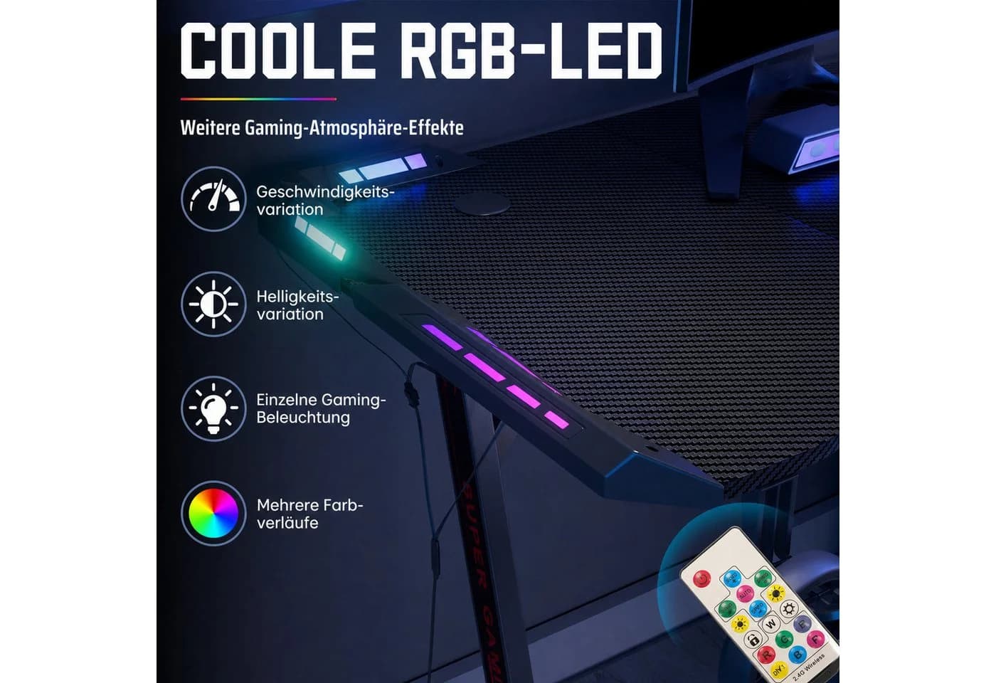 Huracan Gamingtisch mit LED-RGB-Beleuchtung & Kopfhörerhaken - Bild 3