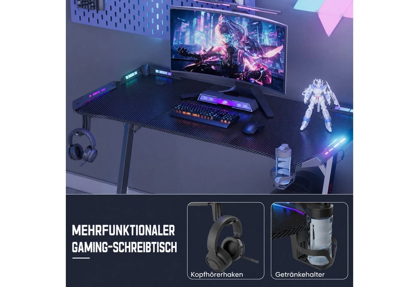 Huracan Gamingtisch mit LED-RGB-Beleuchtung & Kopfhörerhaken - Bild 5