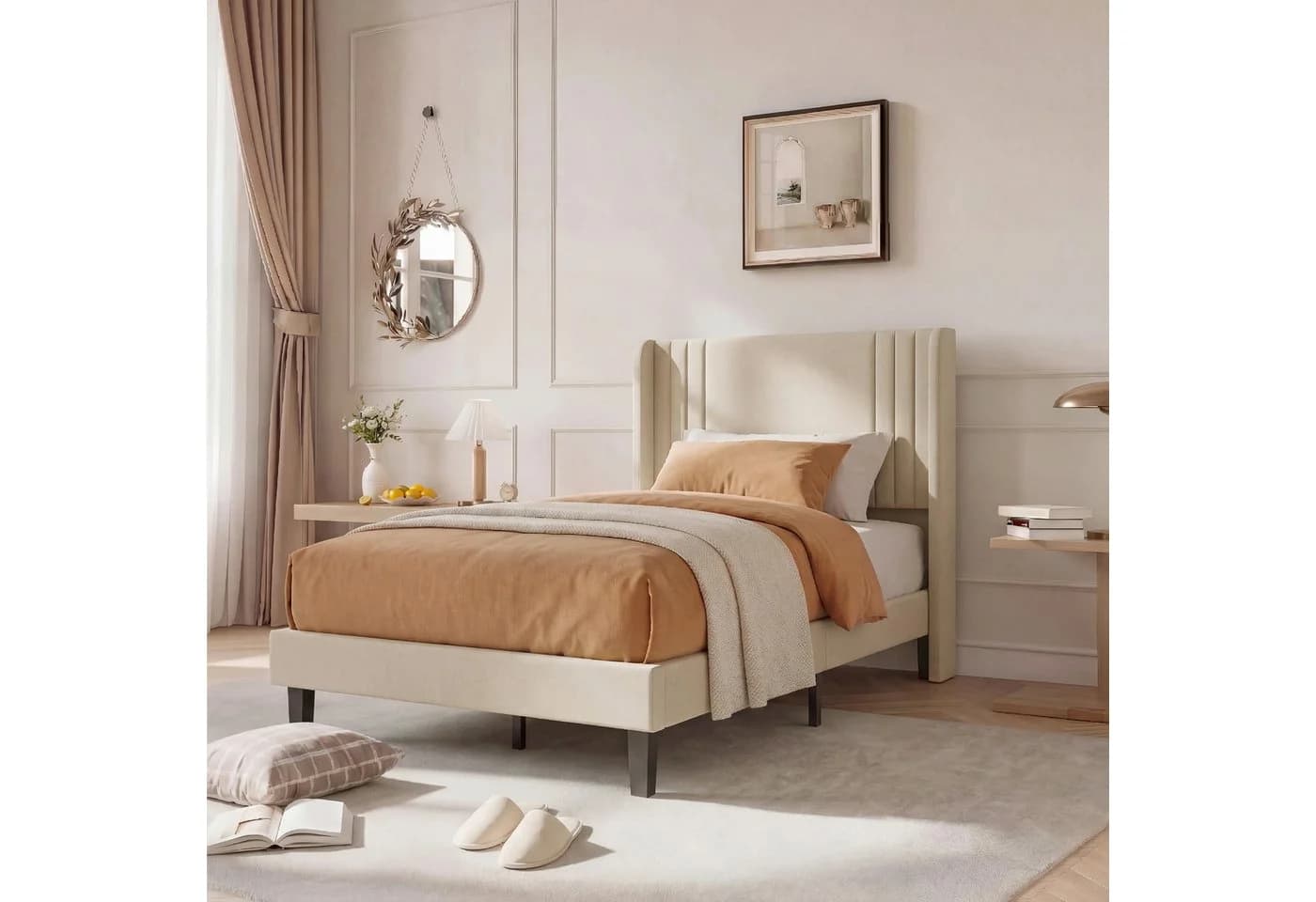 PXloue Polsterbett Leinen mit Lattenrost und hohem Kopfteil Beige - Bild 2
