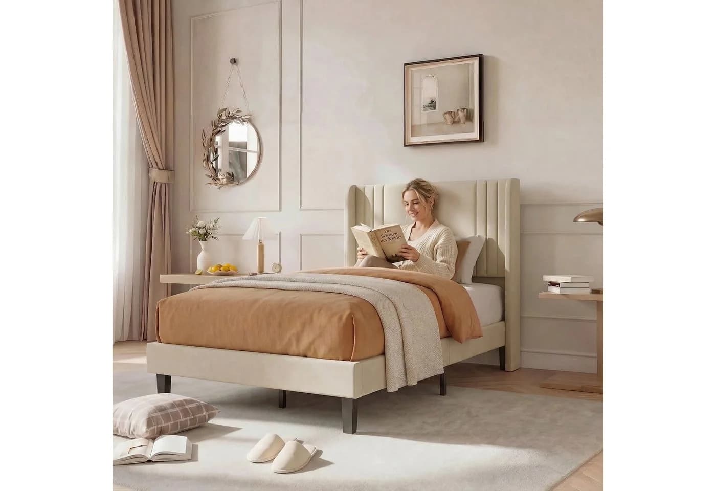 PXloue Polsterbett Leinen mit Lattenrost und hohem Kopfteil Beige - Bild 3