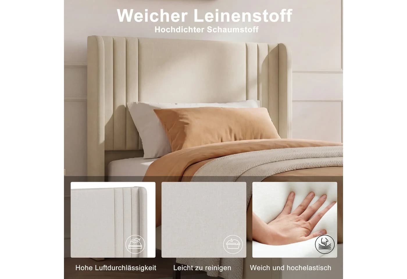 PXloue Polsterbett Leinen mit Lattenrost und hohem Kopfteil Beige - Bild 4
