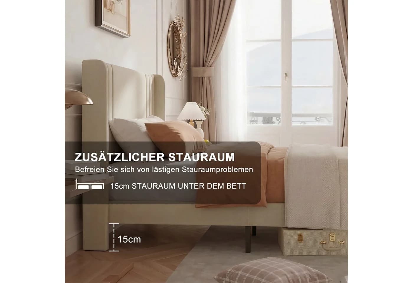 PXloue Polsterbett Leinen mit Lattenrost und hohem Kopfteil Beige - Bild 5
