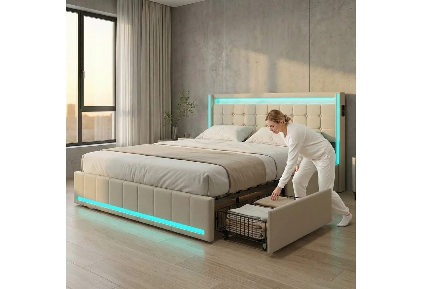 PXloue Polsterbett LED mit Stauraum und Ladeanschluss Beige