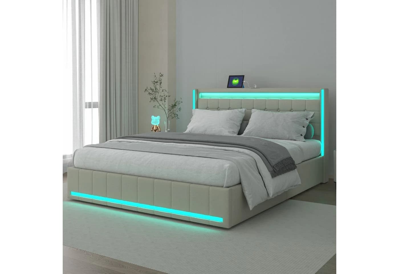 PXloue Polsterbett LED mit Stauraum und Ladeanschluss Beige - Bild 4