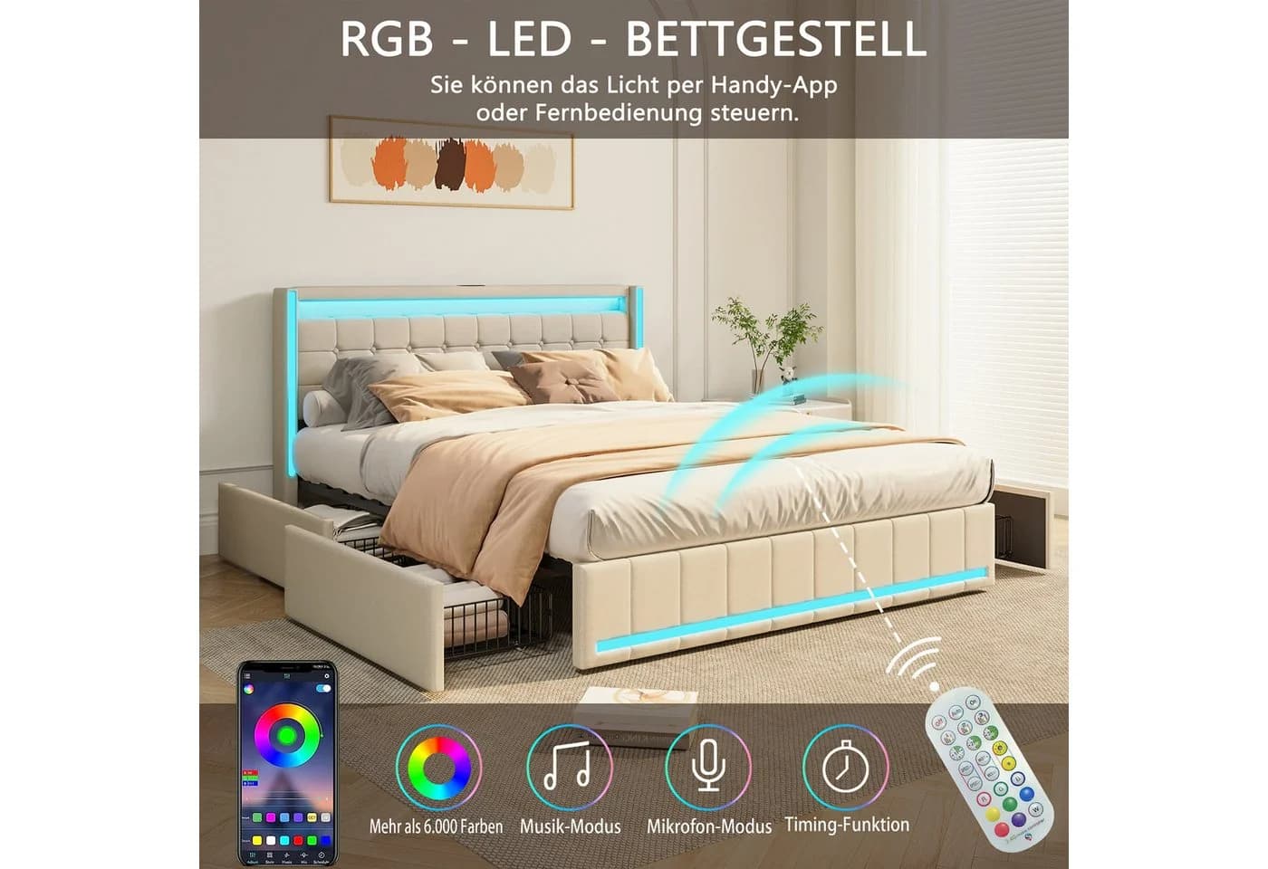 PXloue Polsterbett LED mit Stauraum und Ladeanschluss Beige - Bild 5