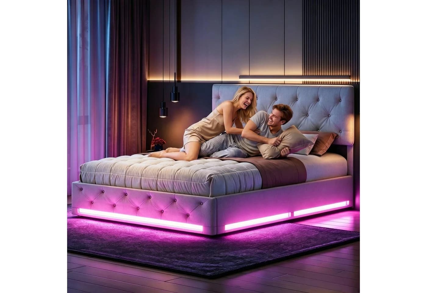 Simurq Polsterbett Beige mit LED und Bettkasten