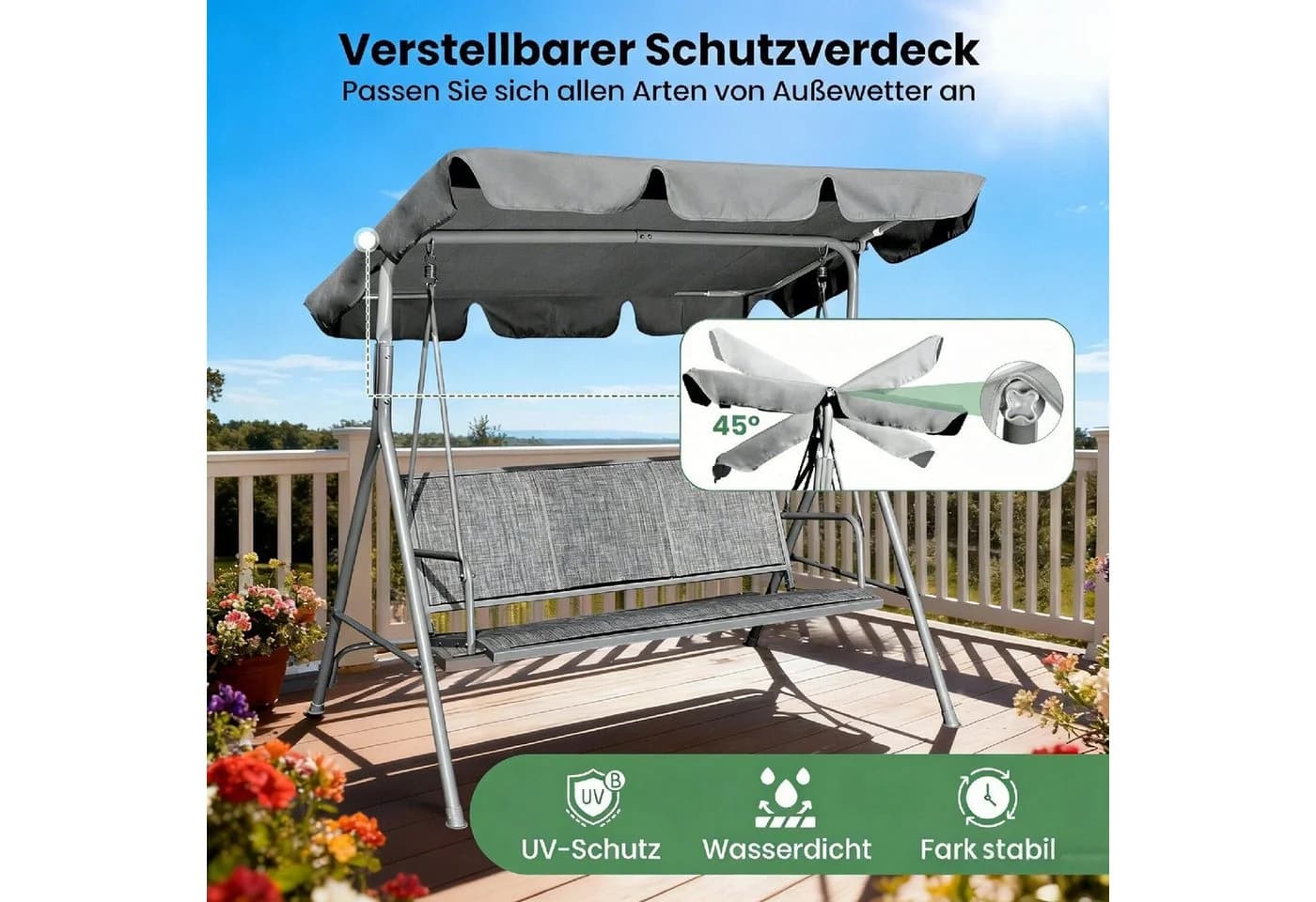 GVDV 3-Personen-Verandaschaukel mit verstellbarem Sonnendach und Stahlrahmen