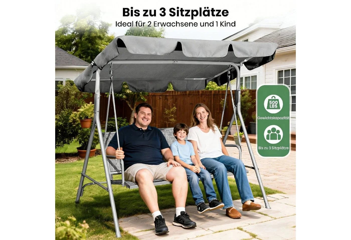 GVDV 3-Personen-Verandaschaukel mit verstellbarem Sonnendach und Stahlrahmen - Bild 3