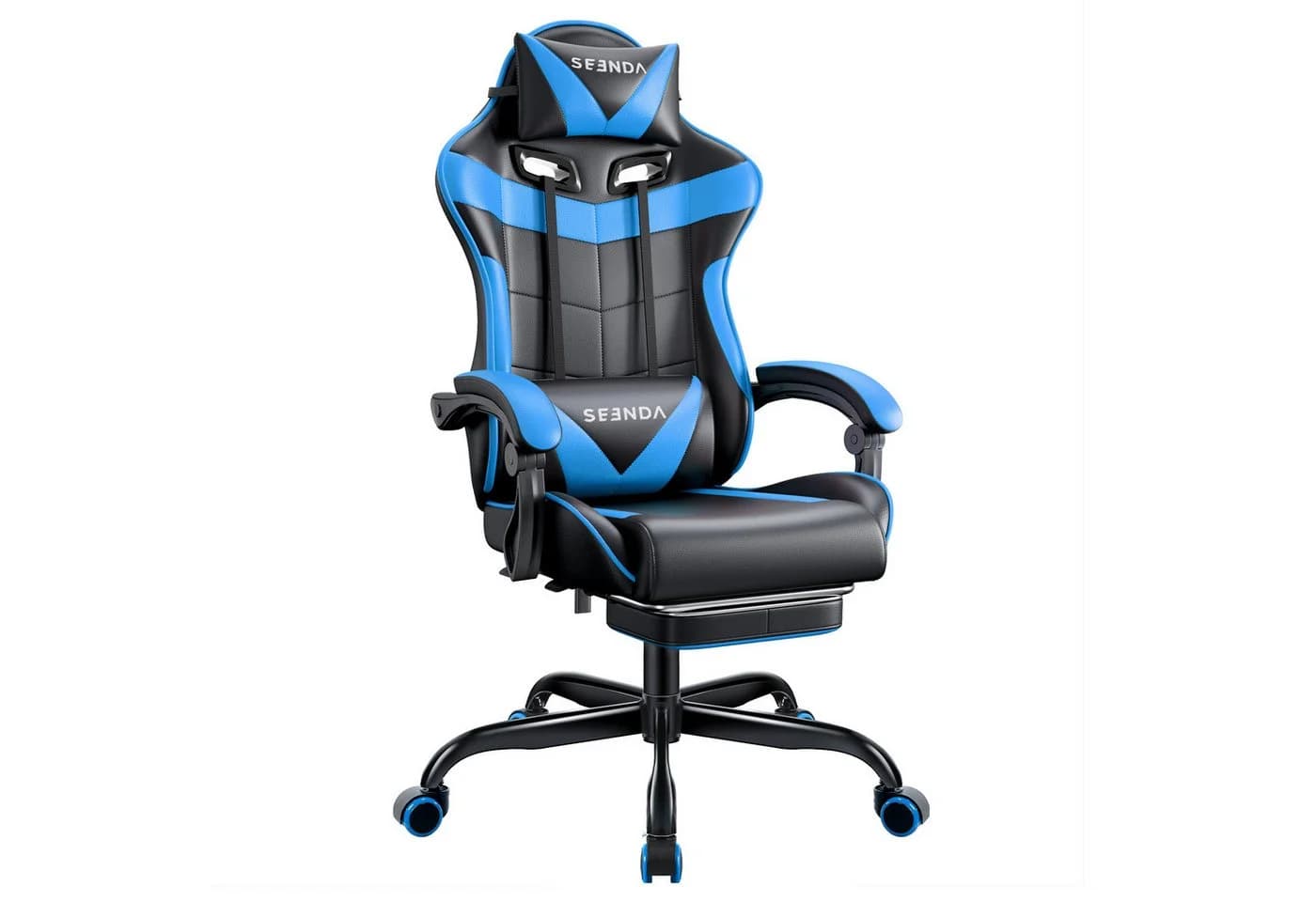 Seenda Gaming-Stuhl mit Fußstütze, ergonomisch, Kunstleder, blau/schwarz - Bild 2