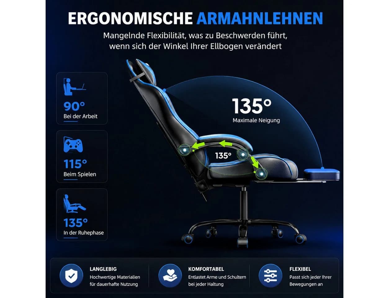Seenda Gaming-Stuhl mit Fußstütze, ergonomisch, Kunstleder, blau/schwarz - Bild 3