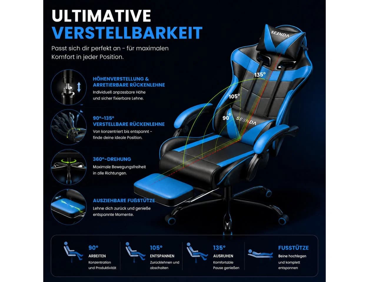 Seenda Gaming-Stuhl mit Fußstütze, ergonomisch, Kunstleder, blau/schwarz - Bild 4