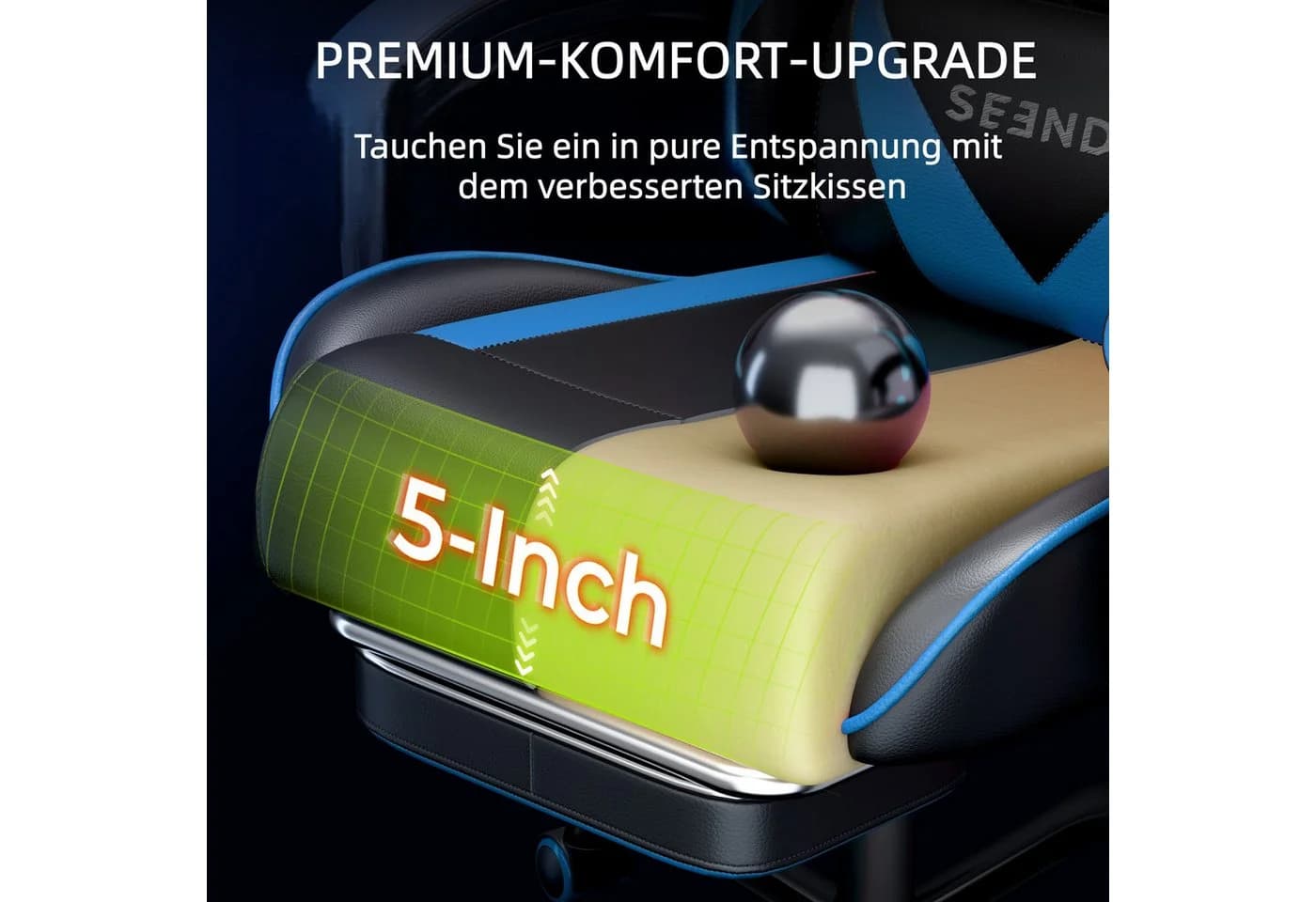 Seenda Gaming-Stuhl mit Fußstütze, ergonomisch, Kunstleder, blau/schwarz - Bild 5