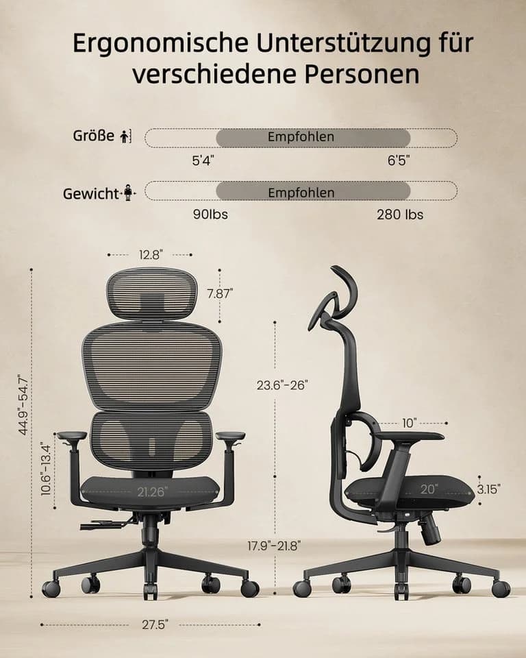 ProtoArc EC300 Bürostuhl Ergonomisch mit Lordosenstütze & Kopfstütze