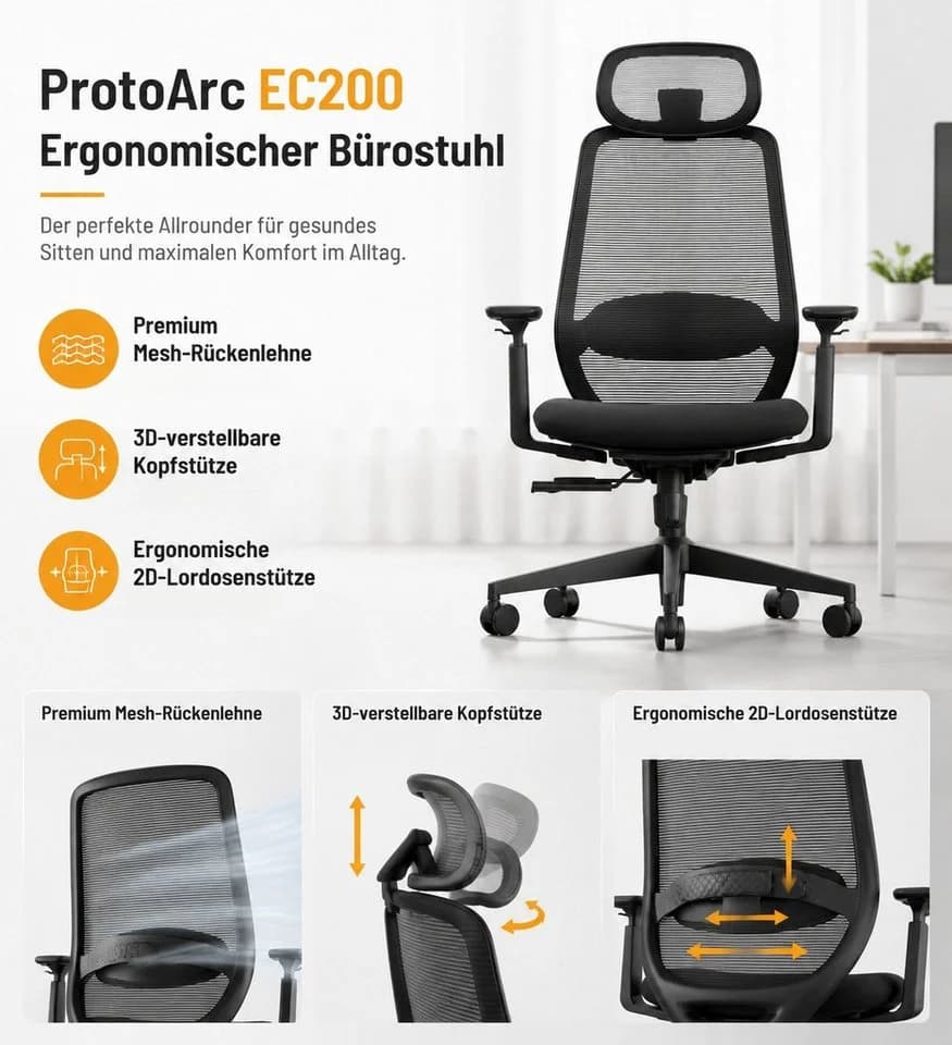ProtoArc EC200 Bürostuhl mit Lendenwirbelstütze & Sitztiefenverstellung
