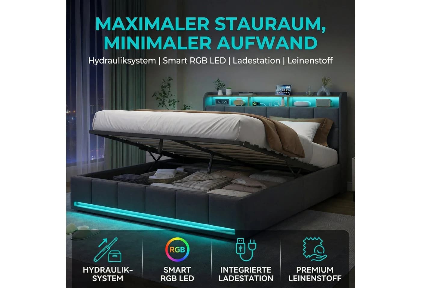 PXloue Polsterbett LED mit Stauraum und Ladeanschluss Grau - Bild 5