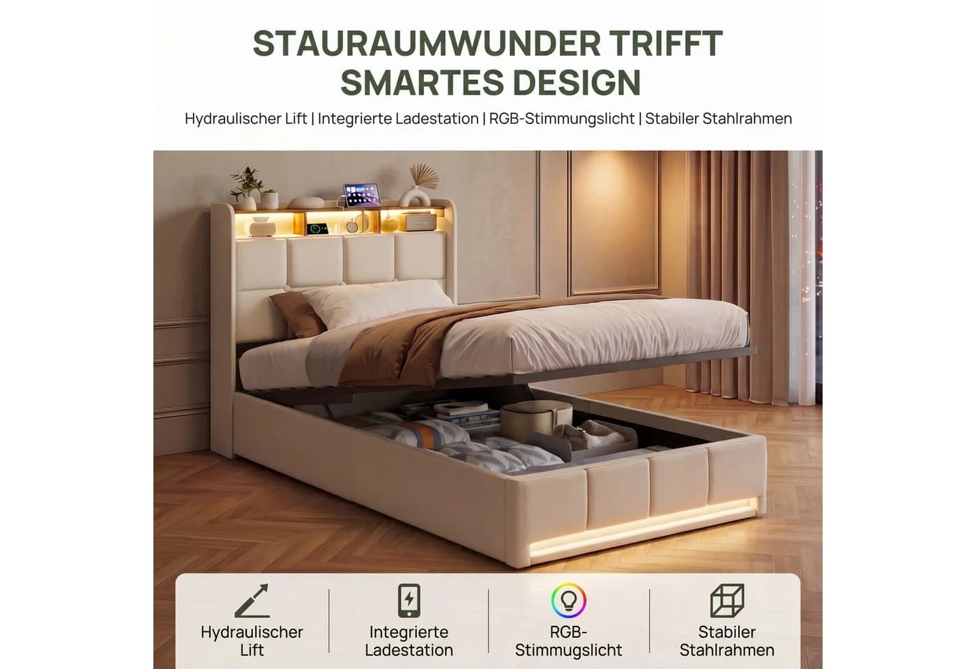 PXloue Polsterbett LED mit Stauraum Beige Samt