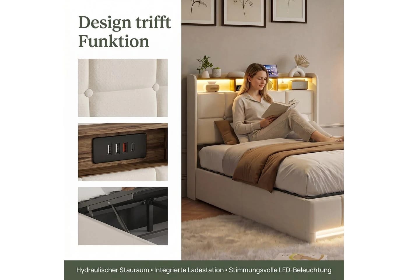 PXloue Polsterbett LED mit Stauraum Beige Samt - Bild 3
