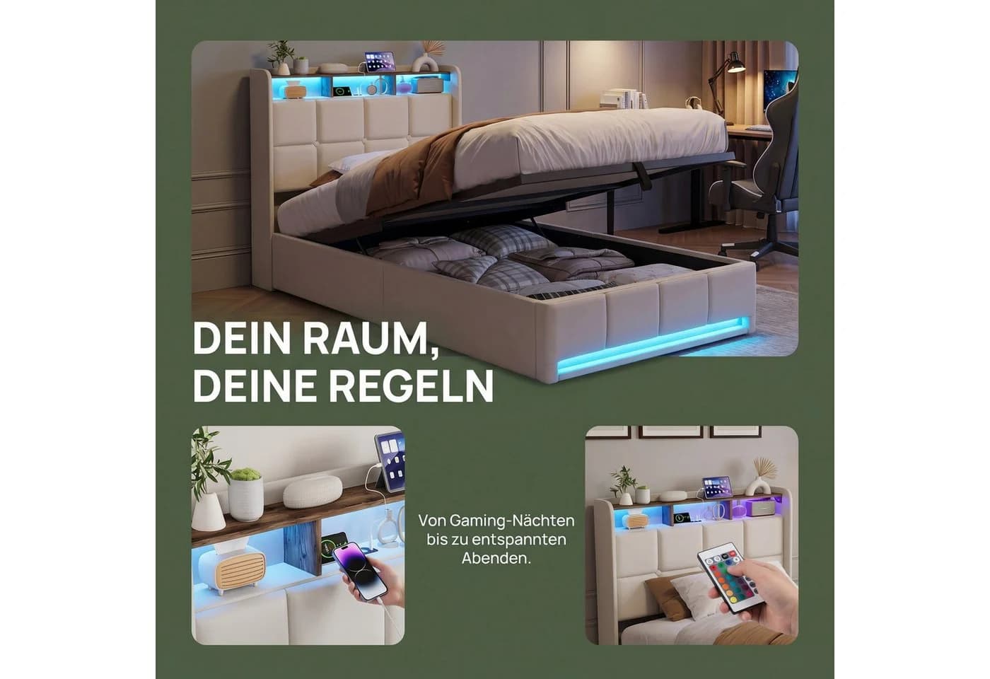PXloue Polsterbett LED mit Stauraum Beige Samt - Bild 4