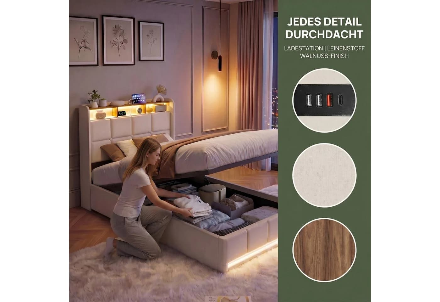 PXloue Polsterbett LED mit Stauraum Beige Samt - Bild 5