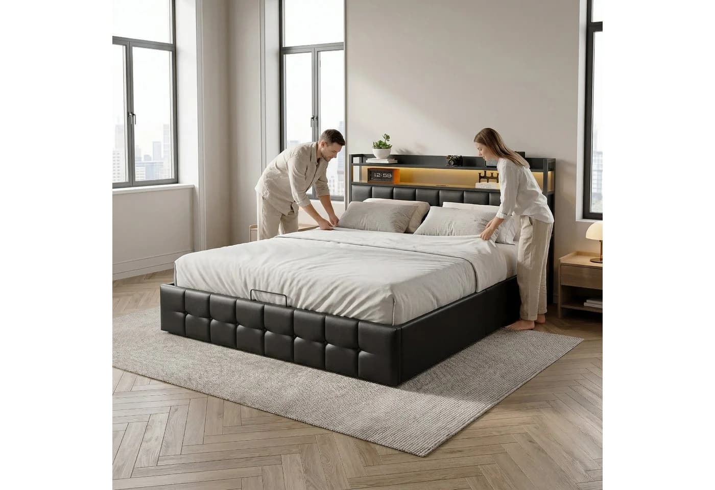 Simurq Polsterbett 160x200 cm mit LED und Stauraum