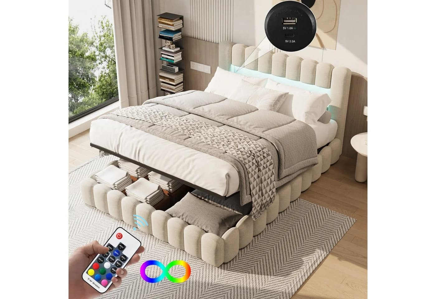 Simurq Polsterbett Doppelbett LED Stauraumbett Beige - Bild 2