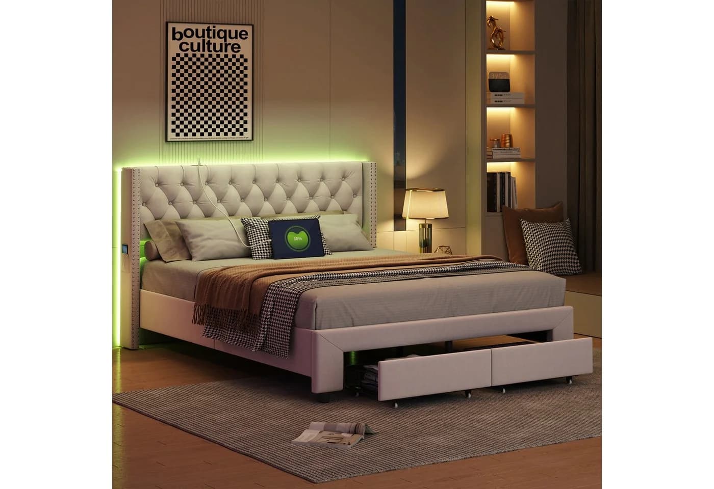 Simurq LED Polsterbett mit USB und Stauraum - Bild 2