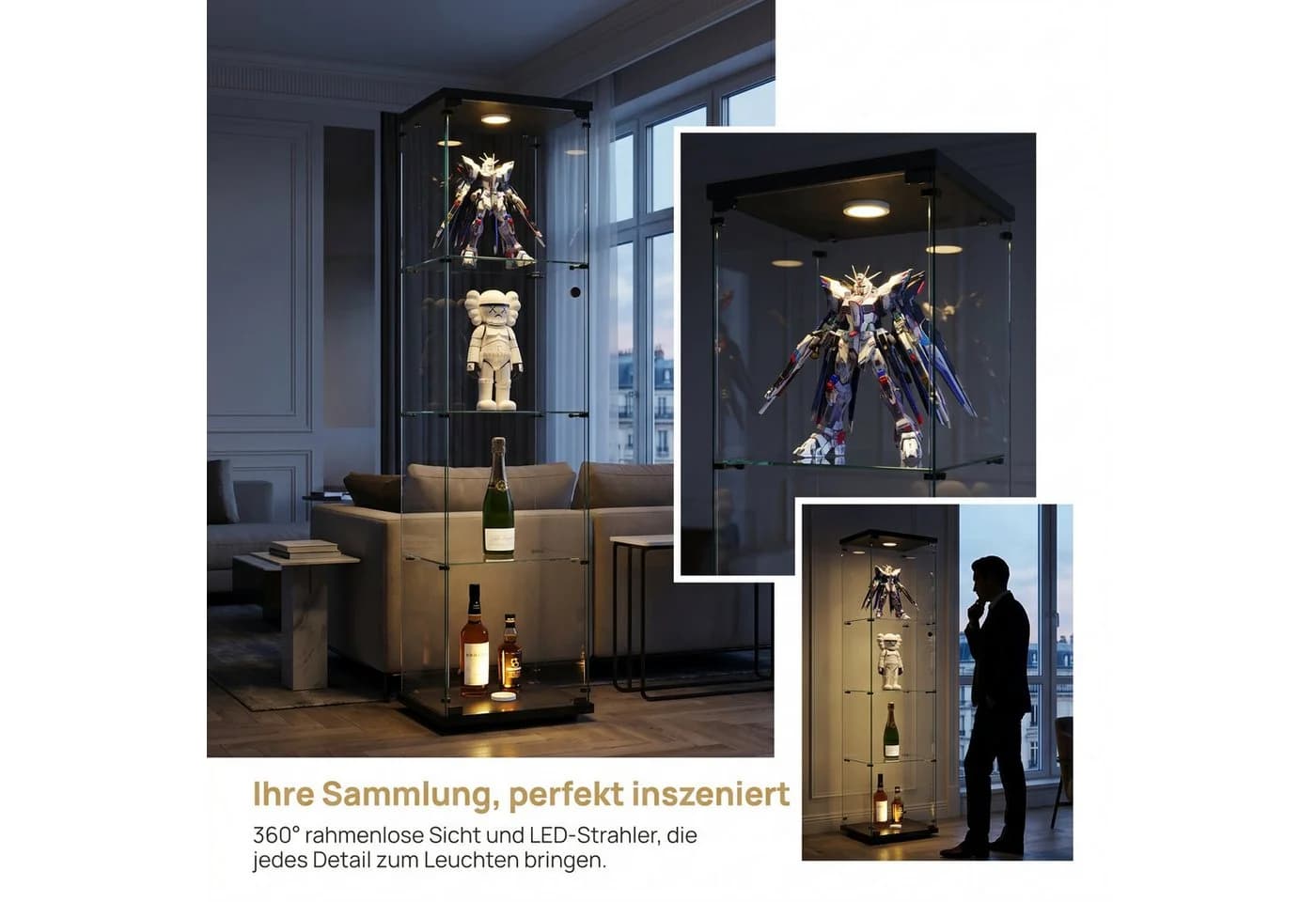 NMCXXO Glasvitrine mit LED-Beleuchtung, modern, 4-lagig, Schwarz
