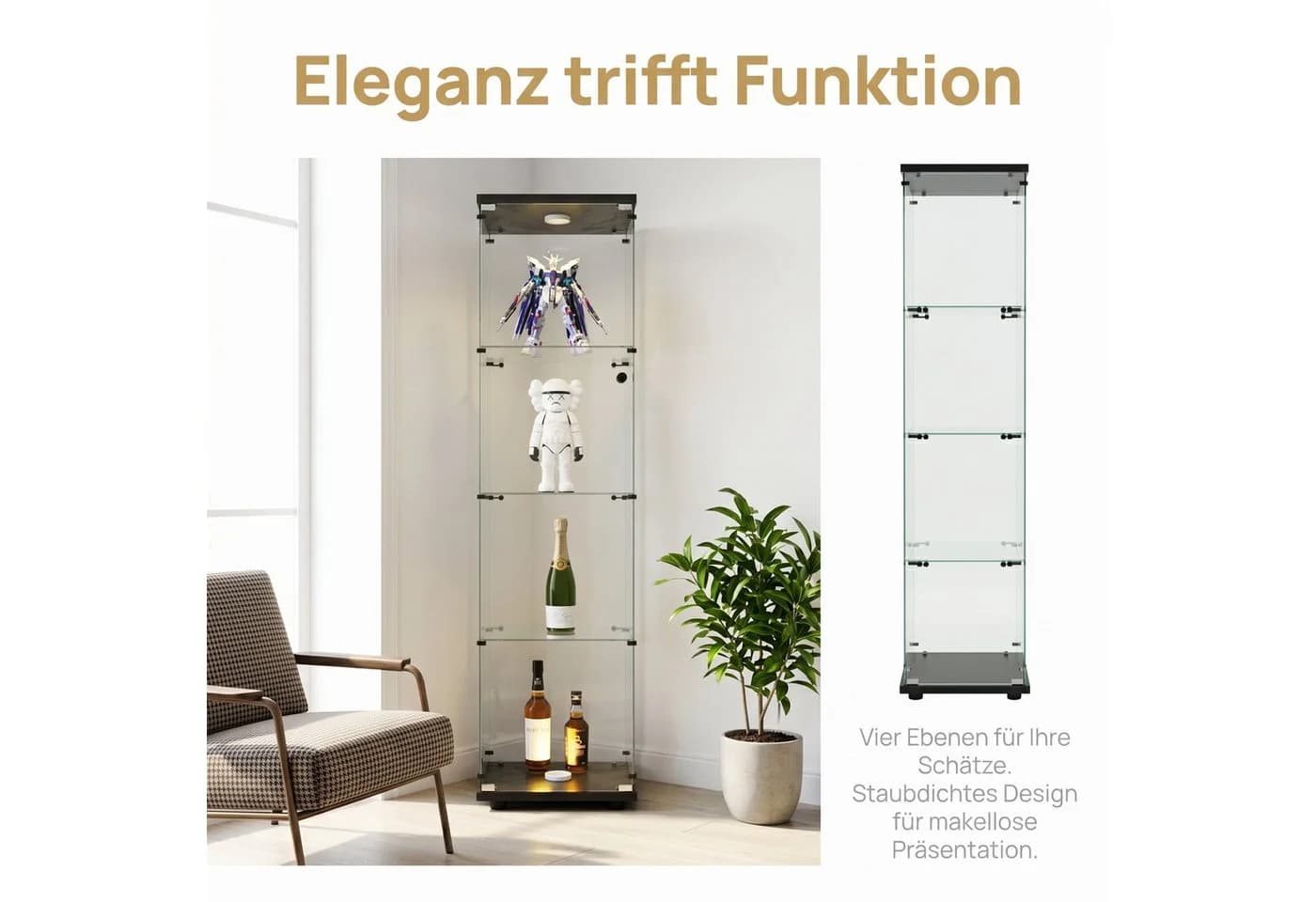 NMCXXO Glasvitrine mit LED-Beleuchtung, modern, 4-lagig, Schwarz - Bild 3