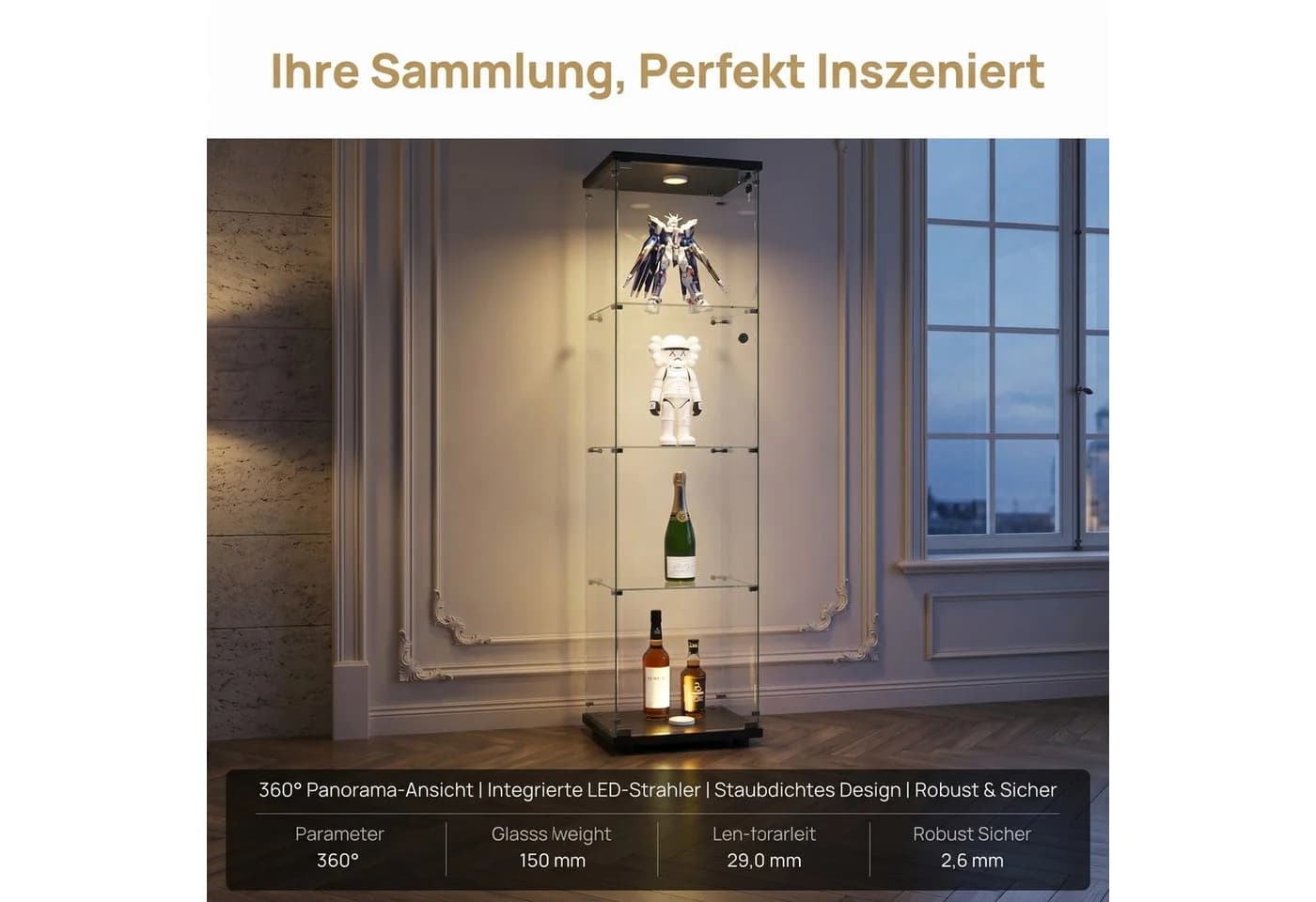 NMCXXO Glasvitrine mit LED-Beleuchtung, modern, 4-lagig, Schwarz - Bild 4