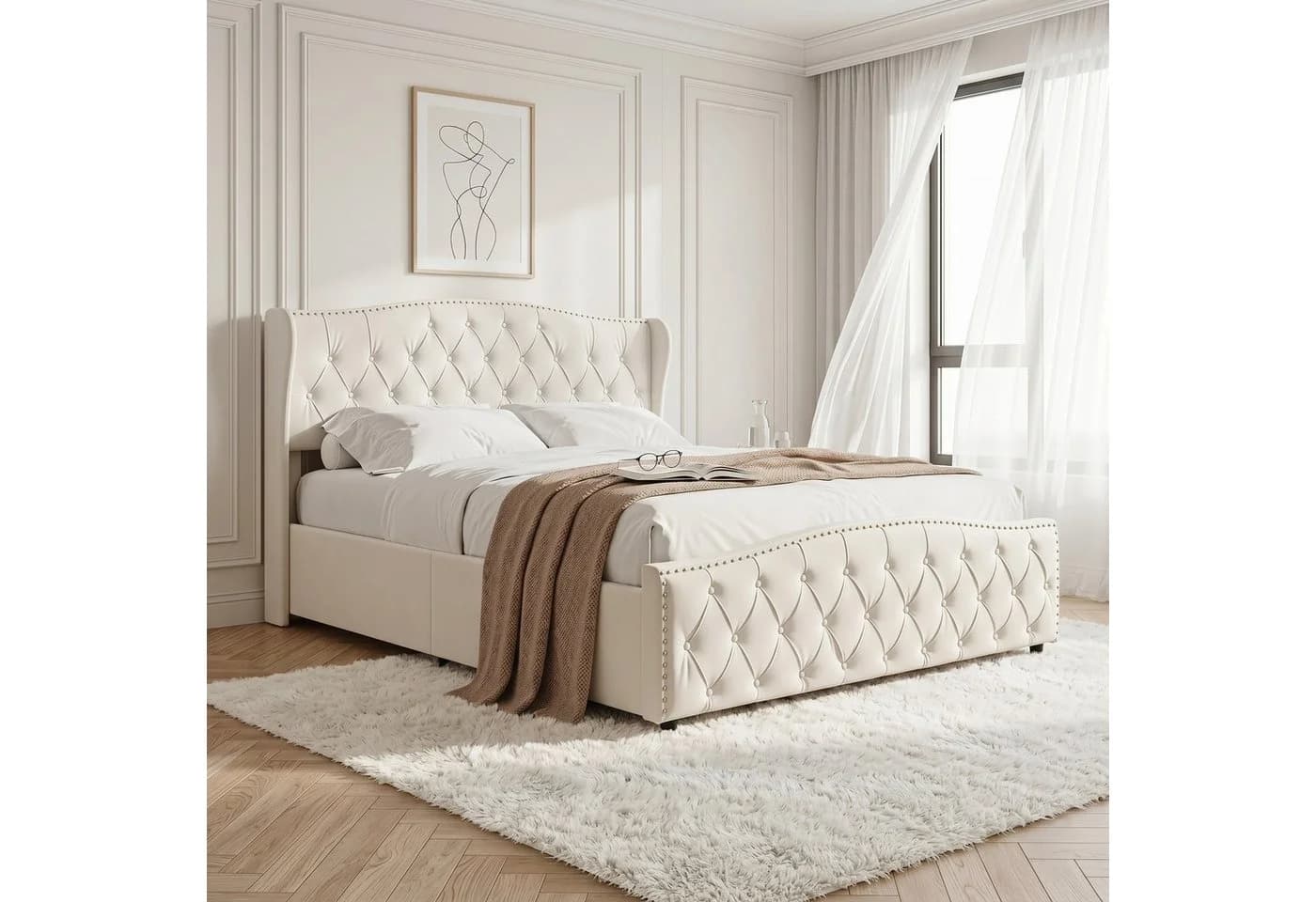 Simurq Polsterbett 160x200 Samt Beige/Grau mit Bettkasten - Bild 2