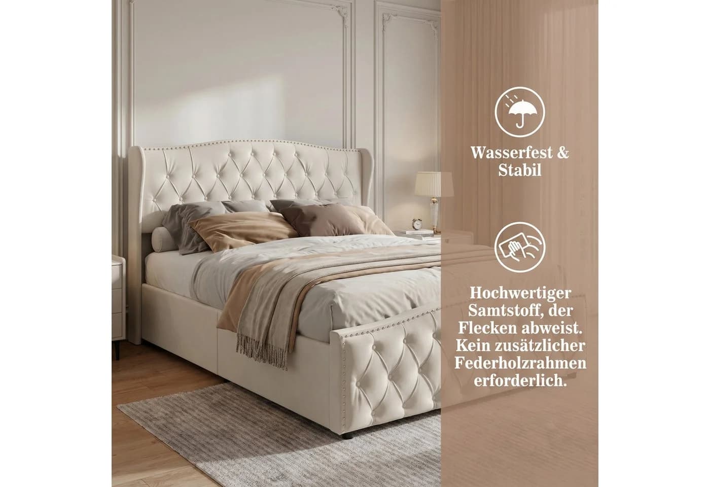Simurq Polsterbett 160x200 Samt Beige/Grau mit Bettkasten - Bild 3