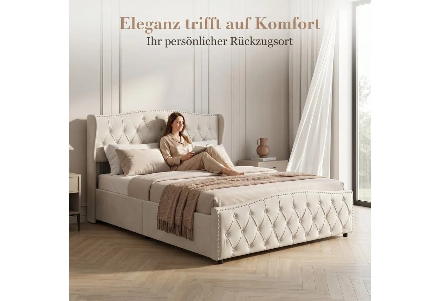 Simurq Polsterbett 160x200 Samt Beige/Grau mit Bettkasten - Bild 5